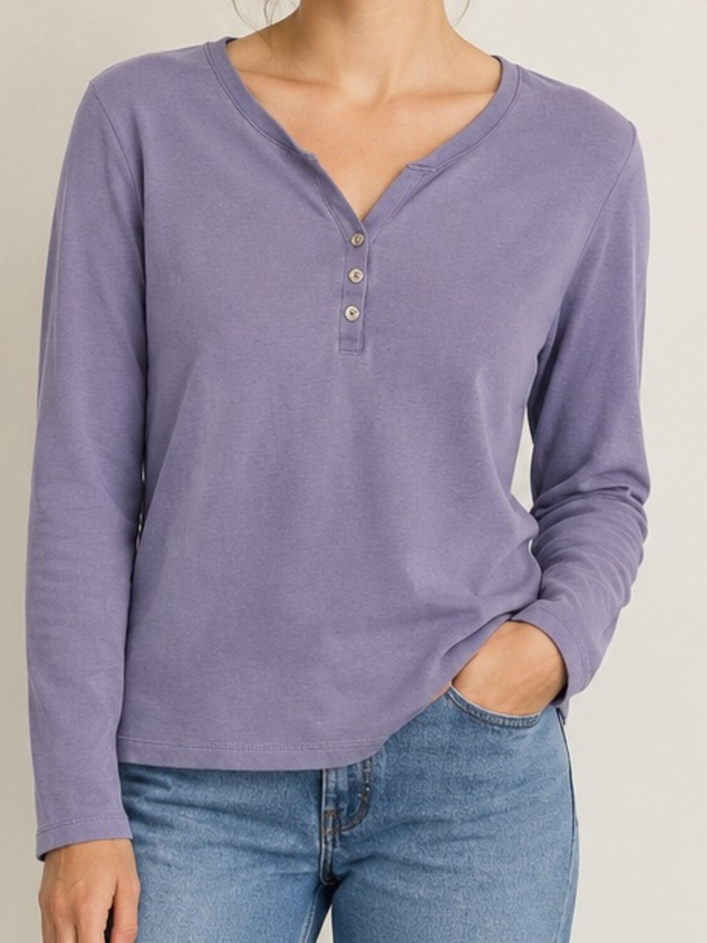 Karen Scott XL 100% Cotton Lavender Purple Henley Top Long Sleeve Grandmacore